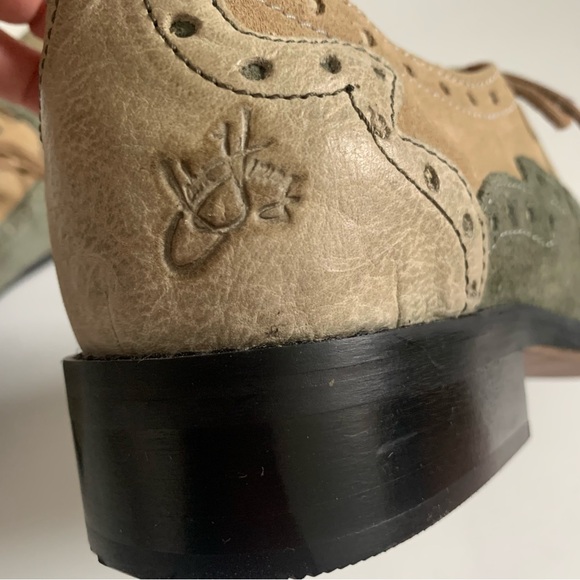 John Fluevog | Adrians Amanda Wingtip Gray Green & Yellow Suede Oxford Size 12 - Picture 9 of 16